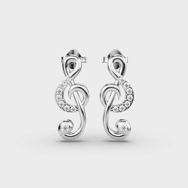 Treble Clef Diamond Drop Earrings in White Gold – Musical and Elegant Design