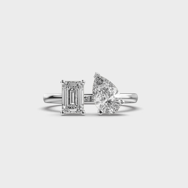 Gold Two-Stone Diamond Ring | Emerald & Pear-Cut Side-by-Side Design | Fine Jewelry